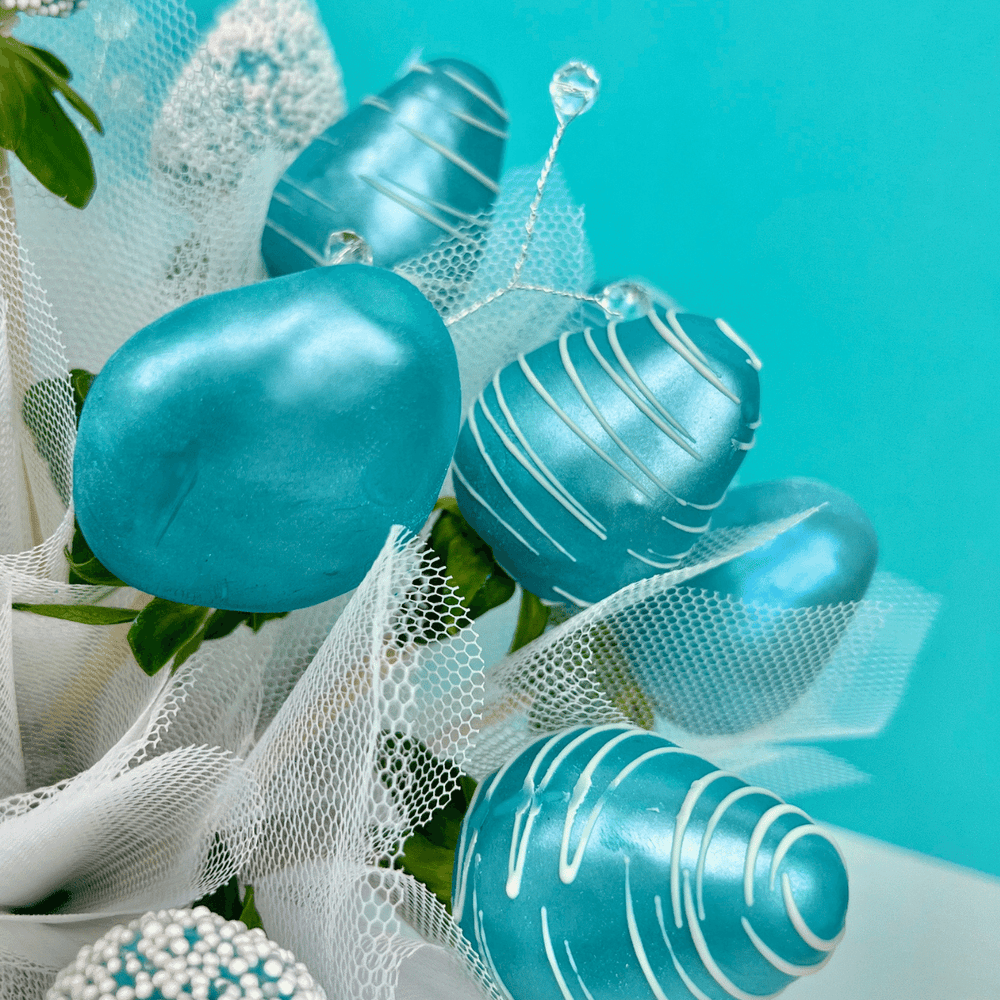 aqua teal lustre dust on tiffany bouquet of chocolate covered strawberries