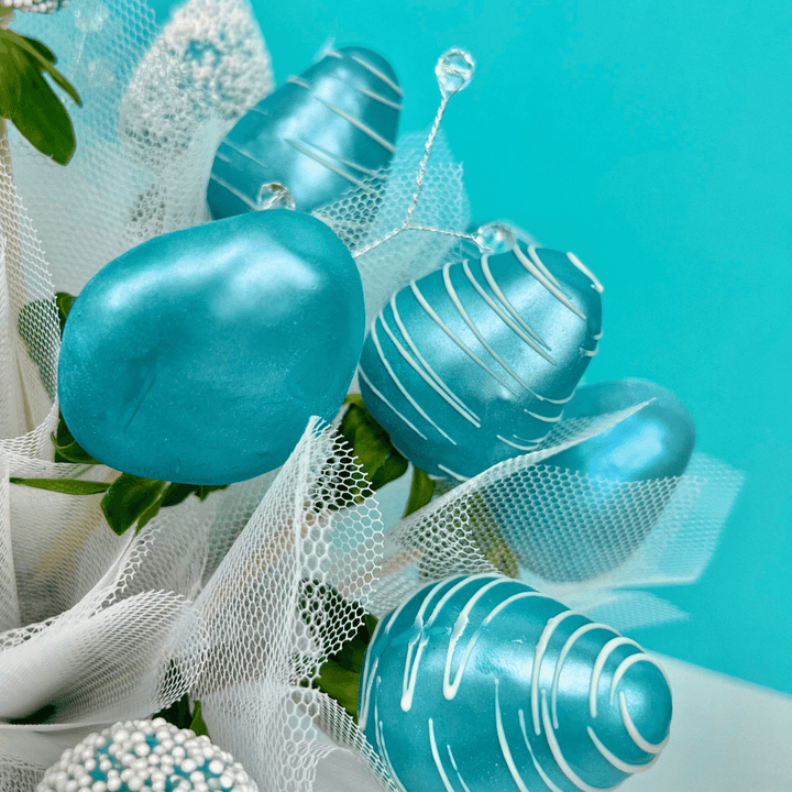 aqua teal lustre dust on tiffany bouquet of chocolate covered strawberries